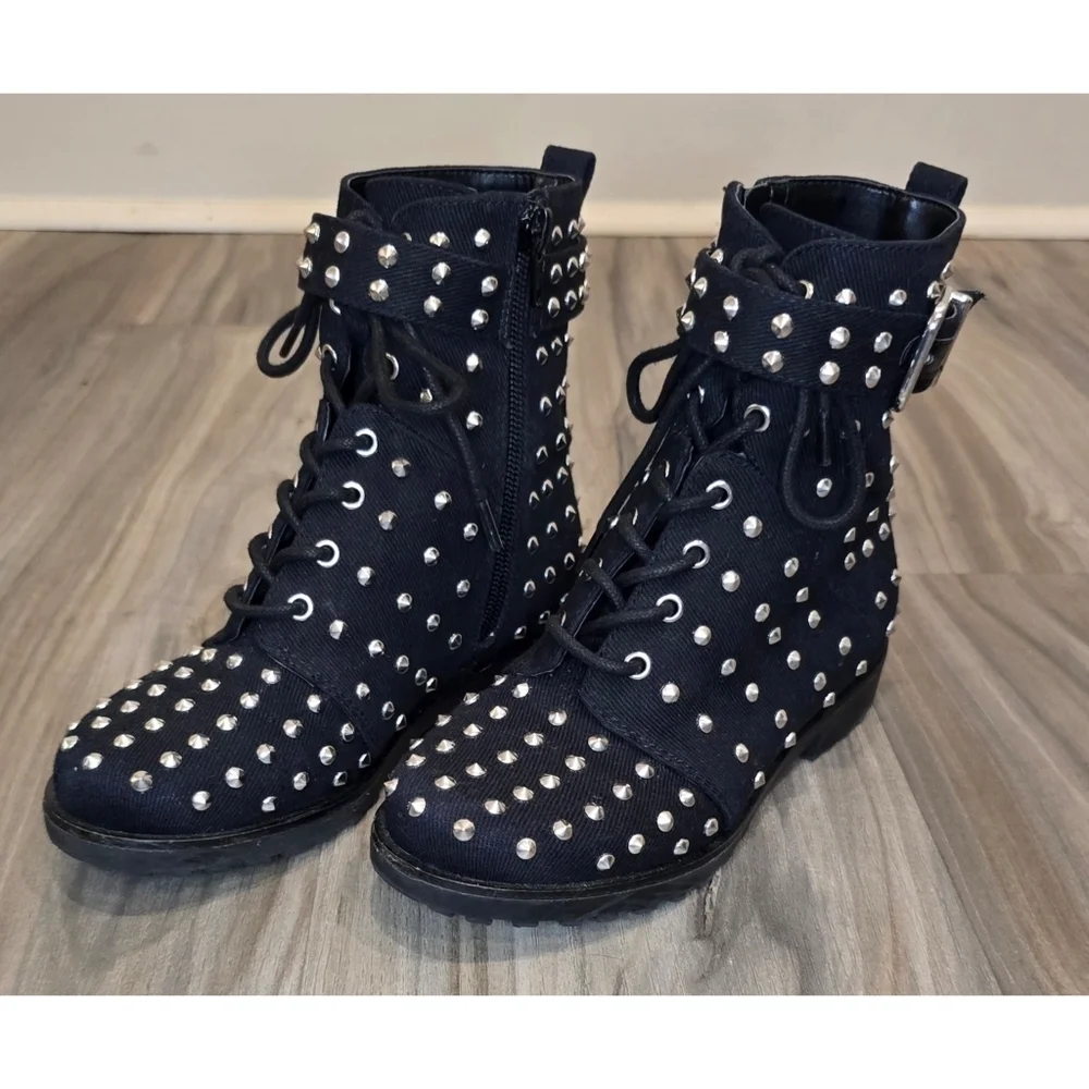 GB GIRLS Black Studded Lace-Up Combat Boots, Size 1